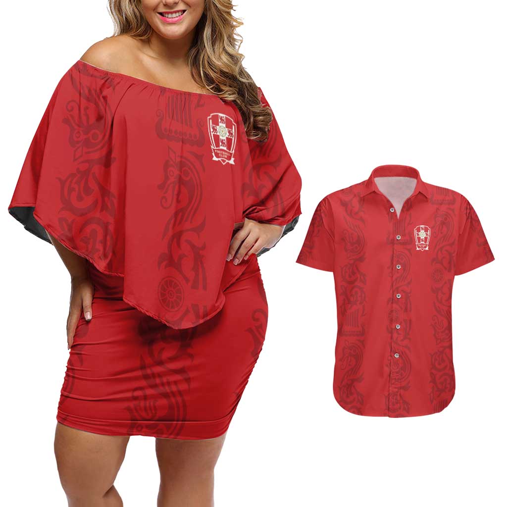 Custom York Minstrel Spirit Couples Matching Off Shoulder Short Dress and Hawaiian Shirt Norse Viking Pattern Red Version - Wonder Print Shop
