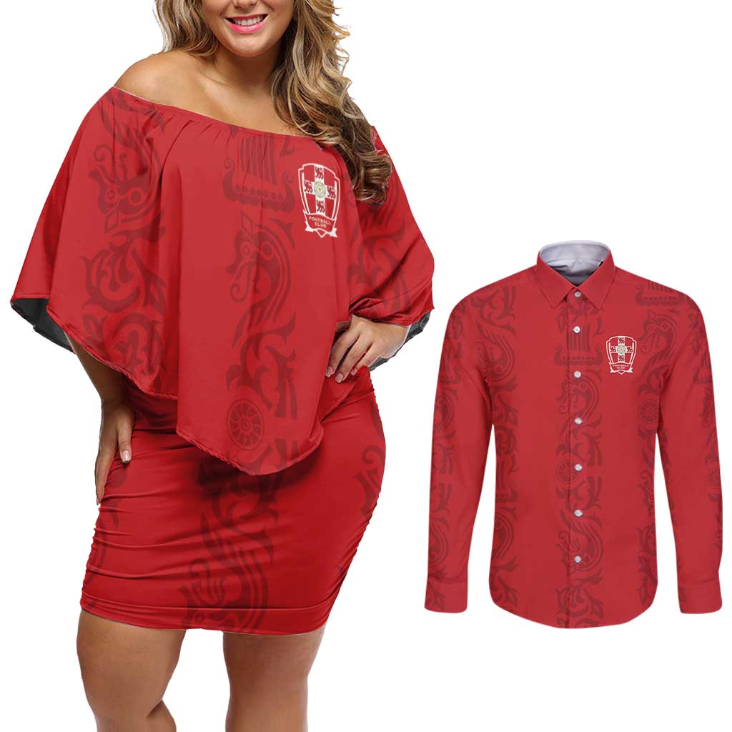 Custom York Minstrel Spirit Couples Matching Off Shoulder Short Dress and Long Sleeve Button Shirt Norse Viking Pattern Red Version - Wonder Print Shop
