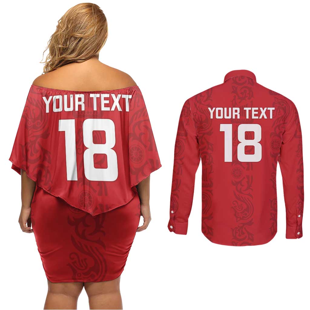 Custom York Minstrel Spirit Couples Matching Off Shoulder Short Dress and Long Sleeve Button Shirt Norse Viking Pattern Red Version - Wonder Print Shop