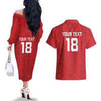 Custom York Minstrel Spirit Couples Matching Off The Shoulder Long Sleeve Dress and Hawaiian Shirt Norse Viking Pattern Red Version - Wonder Print Shop