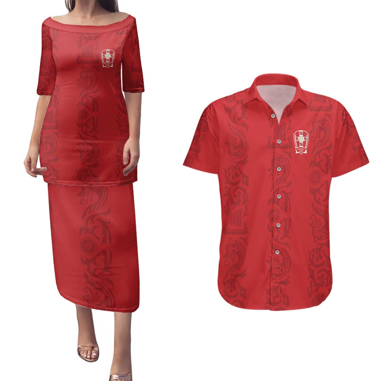 Custom York Minstrel Spirit Couples Matching Puletasi and Hawaiian Shirt Norse Viking Pattern Red Version - Wonder Print Shop
