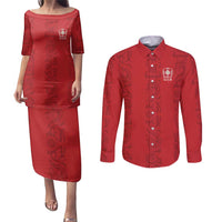 Custom York Minstrel Spirit Couples Matching Puletasi and Long Sleeve Button Shirt Norse Viking Pattern Red Version - Wonder Print Shop