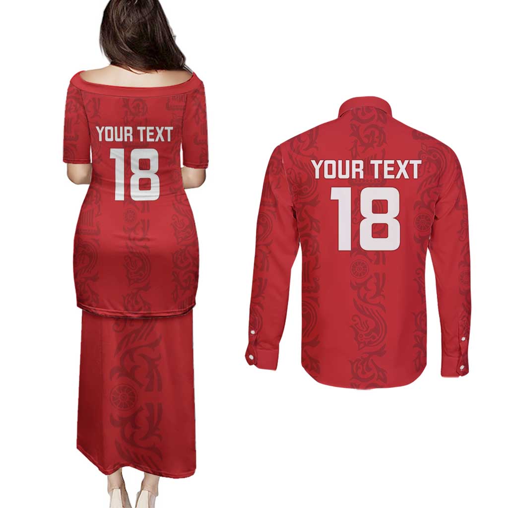 Custom York Minstrel Spirit Couples Matching Puletasi and Long Sleeve Button Shirt Norse Viking Pattern Red Version - Wonder Print Shop