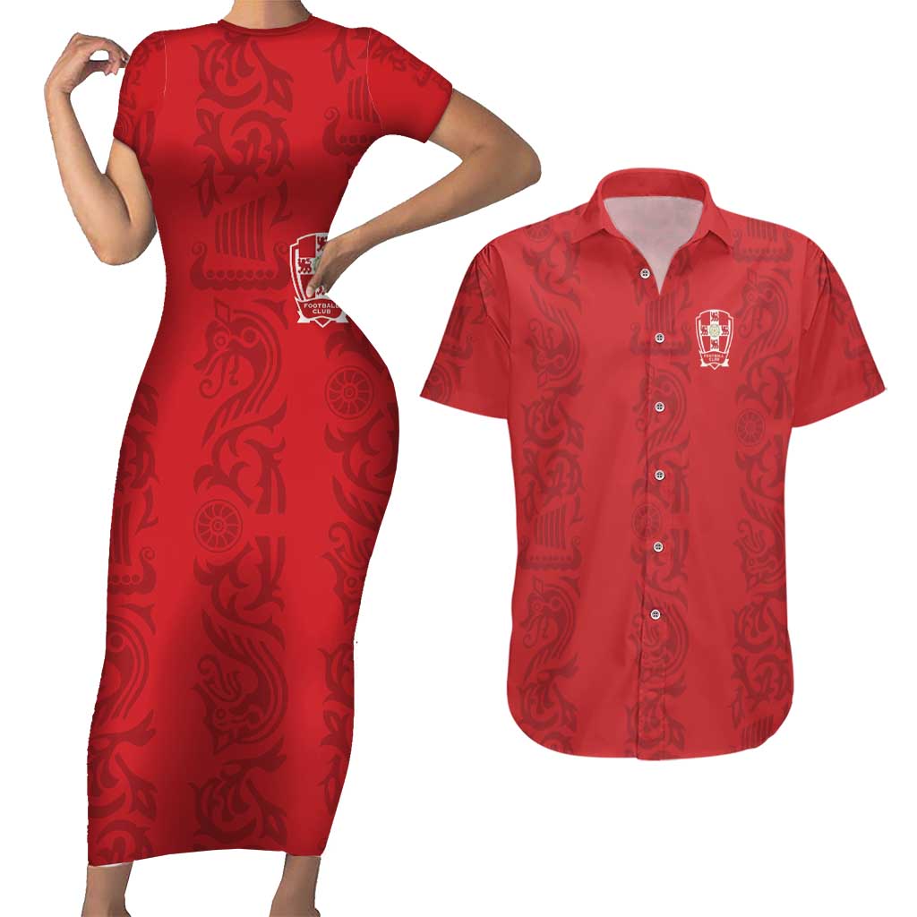 Custom York Minstrel Spirit Couples Matching Short Sleeve Bodycon Dress and Hawaiian Shirt Norse Viking Pattern Red Version - Wonder Print Shop
