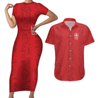 Custom York Minstrel Spirit Couples Matching Short Sleeve Bodycon Dress and Hawaiian Shirt Norse Viking Pattern Red Version - Wonder Print Shop