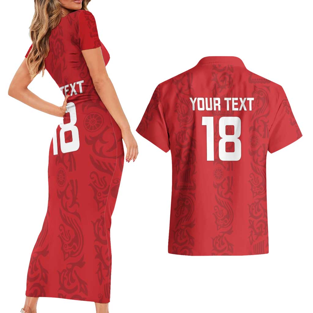 Custom York Minstrel Spirit Couples Matching Short Sleeve Bodycon Dress and Hawaiian Shirt Norse Viking Pattern Red Version - Wonder Print Shop