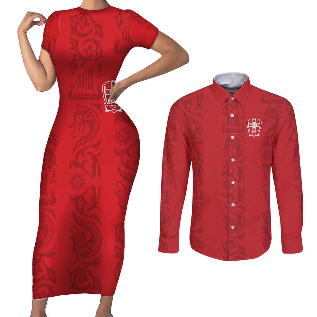 Custom York Minstrel Spirit Couples Matching Short Sleeve Bodycon Dress and Long Sleeve Button Shirt Norse Viking Pattern Red Version - Wonder Print Shop