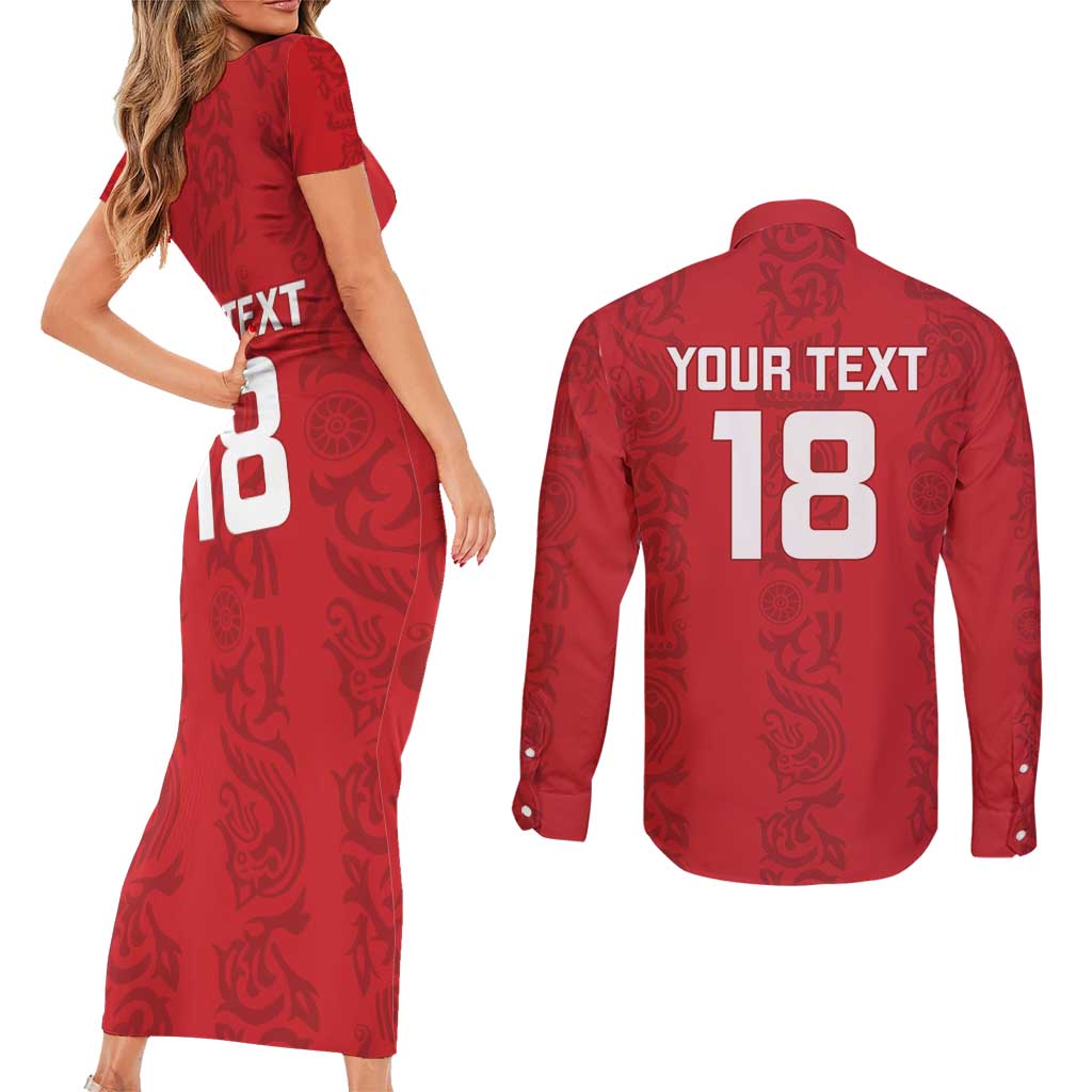 Custom York Minstrel Spirit Couples Matching Short Sleeve Bodycon Dress and Long Sleeve Button Shirt Norse Viking Pattern Red Version - Wonder Print Shop