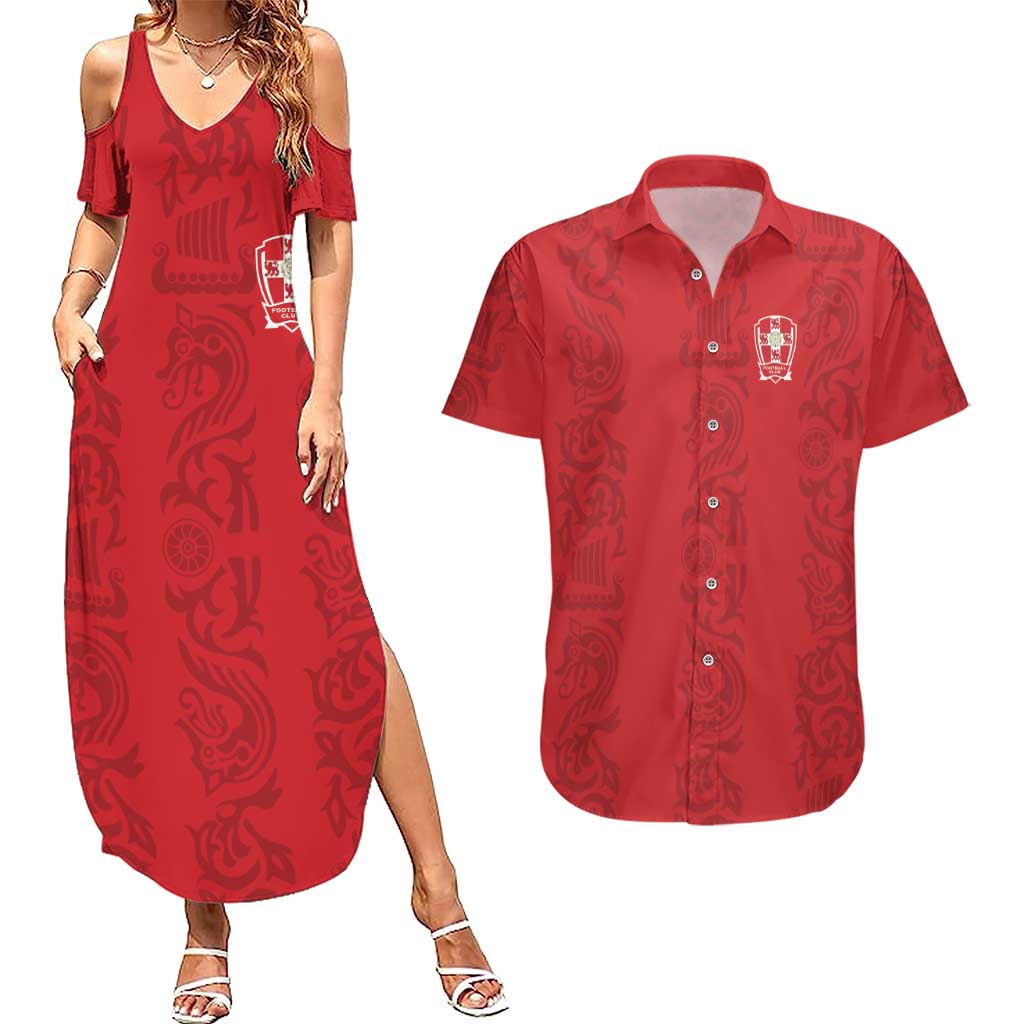 Custom York Minstrel Spirit Couples Matching Summer Maxi Dress and Hawaiian Shirt Norse Viking Pattern Red Version - Wonder Print Shop