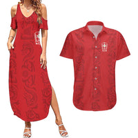 Custom York Minstrel Spirit Couples Matching Summer Maxi Dress and Hawaiian Shirt Norse Viking Pattern Red Version - Wonder Print Shop