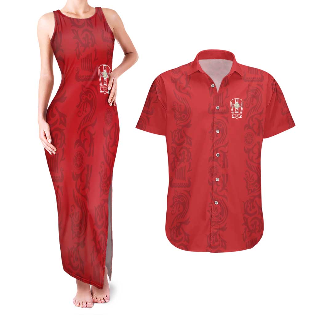 Custom York Minstrel Spirit Couples Matching Tank Maxi Dress and Hawaiian Shirt Norse Viking Pattern Red Version - Wonder Print Shop