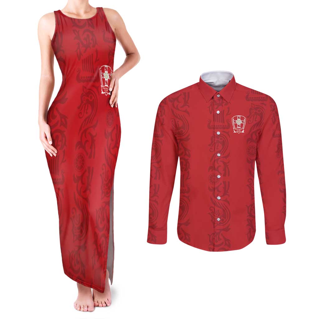 Custom York Minstrel Spirit Couples Matching Tank Maxi Dress and Long Sleeve Button Shirt Norse Viking Pattern Red Version - Wonder Print Shop