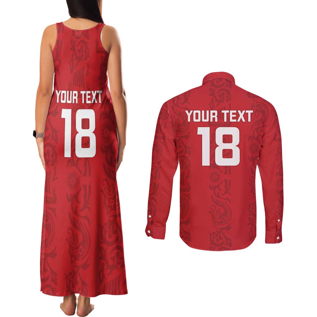 Custom York Minstrel Spirit Couples Matching Tank Maxi Dress and Long Sleeve Button Shirt Norse Viking Pattern Red Version - Wonder Print Shop
