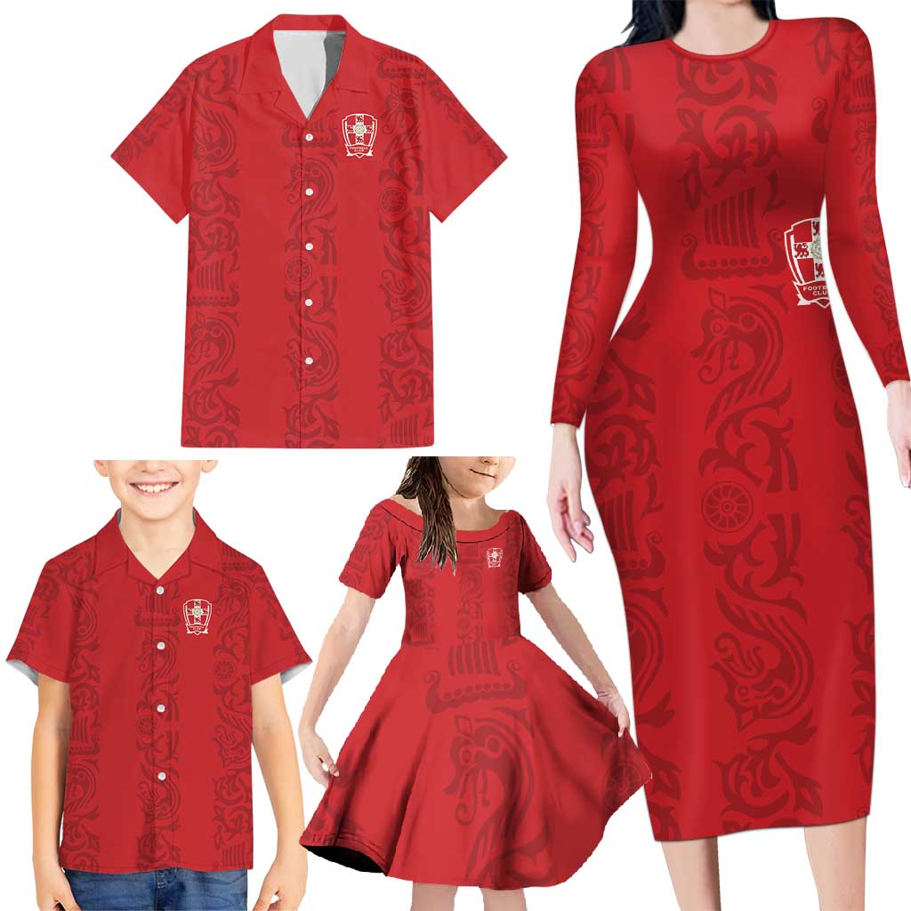 Custom York Minstrel Spirit Family Matching Long Sleeve Bodycon Dress and Hawaiian Shirt Norse Viking Pattern Red Version - Wonder Print Shop