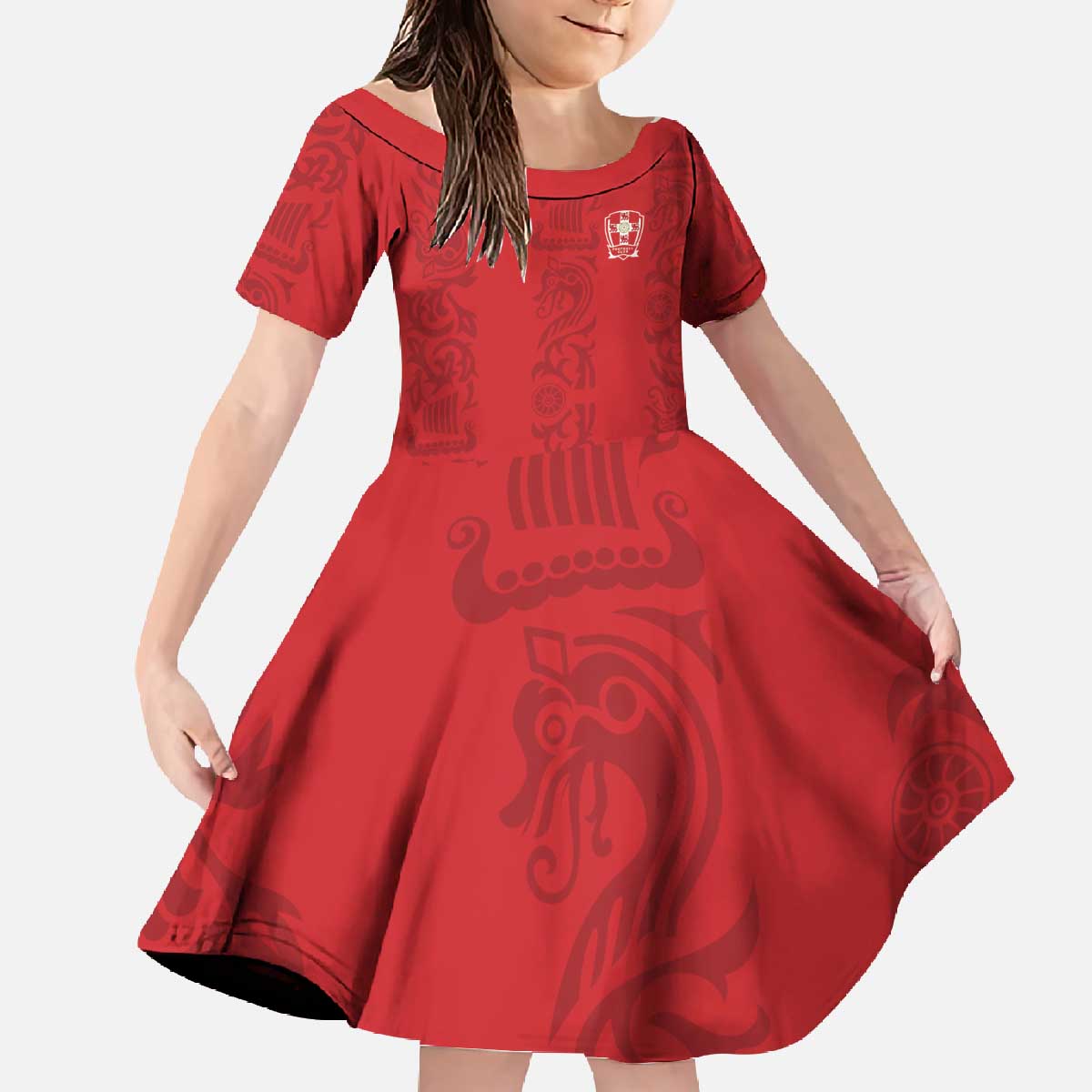 Custom York Minstrel Spirit Family Matching Off The Shoulder Long Sleeve Dress and Hawaiian Shirt Norse Viking Pattern Red Version - Wonder Print Shop