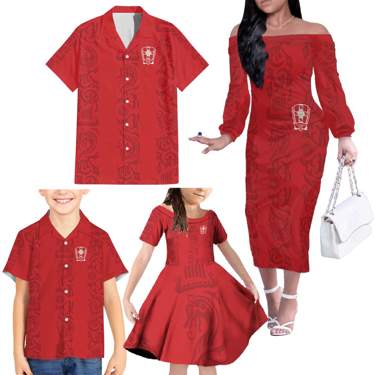 Custom York Minstrel Spirit Family Matching Off The Shoulder Long Sleeve Dress and Hawaiian Shirt Norse Viking Pattern Red Version - Wonder Print Shop