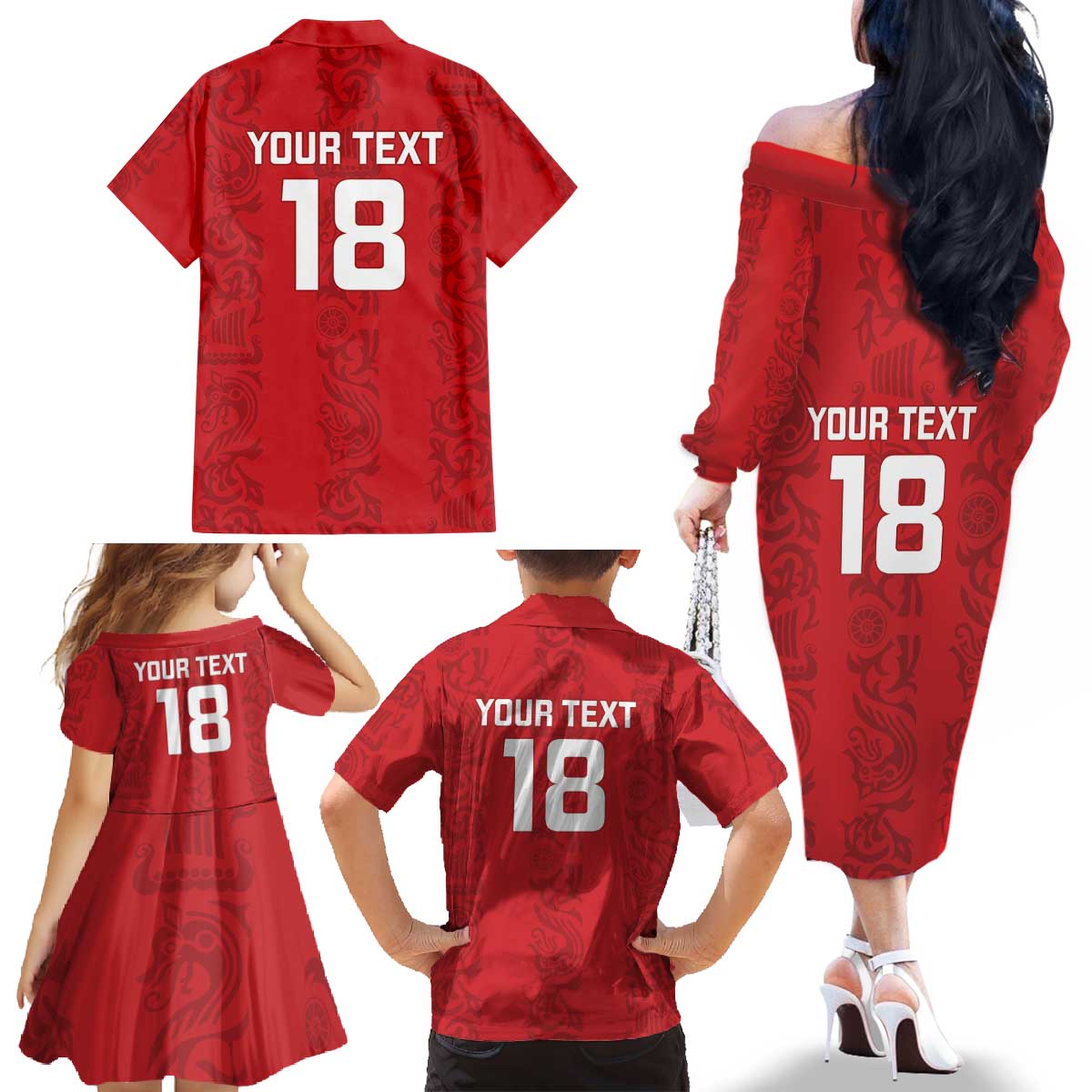 Custom York Minstrel Spirit Family Matching Off The Shoulder Long Sleeve Dress and Hawaiian Shirt Norse Viking Pattern Red Version - Wonder Print Shop
