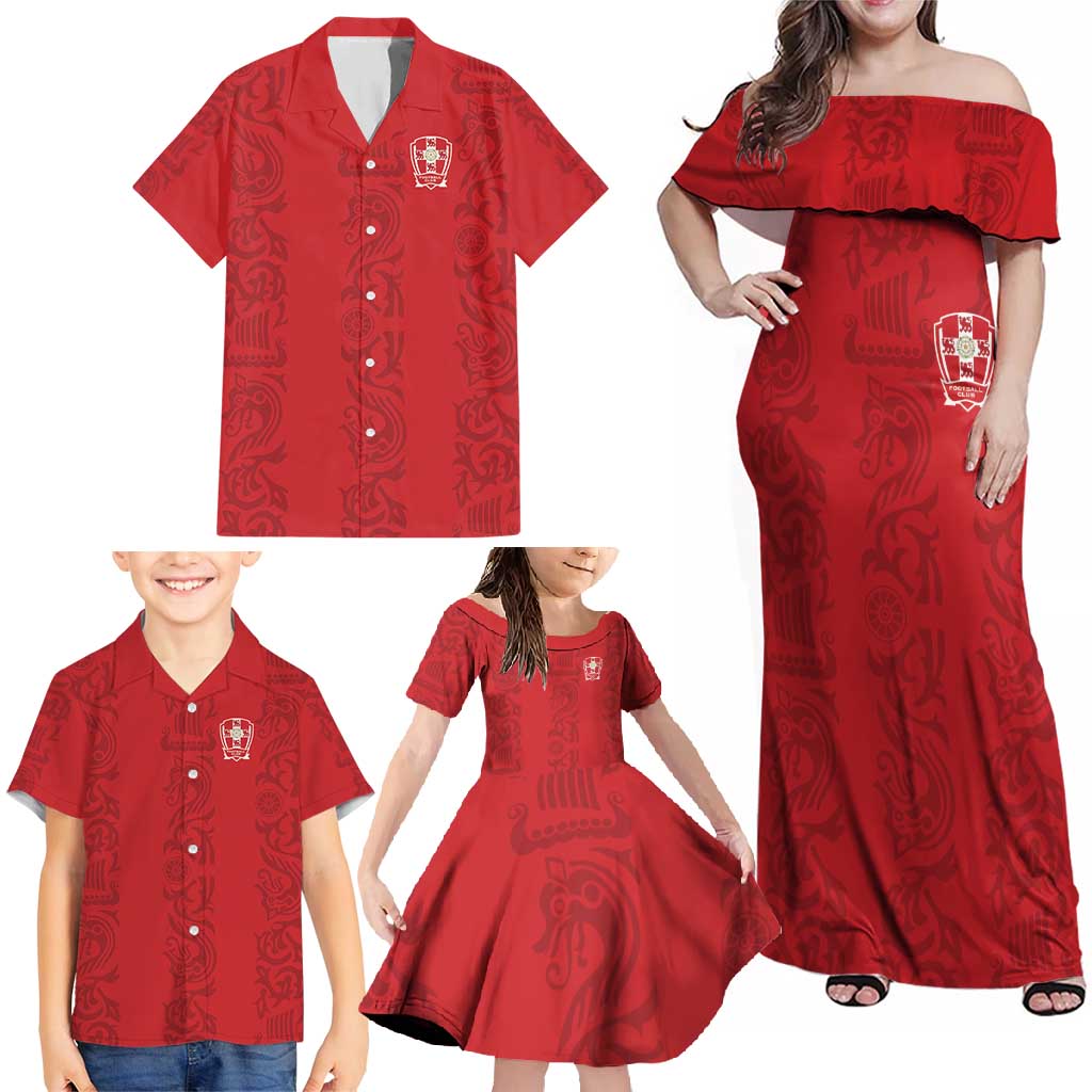 Custom York Minstrel Spirit Family Matching Off Shoulder Maxi Dress and Hawaiian Shirt Norse Viking Pattern Red Version - Wonder Print Shop