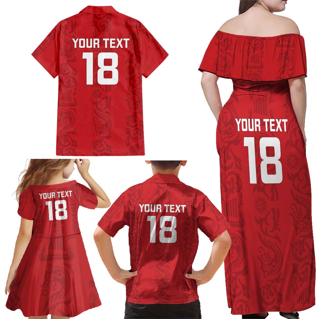 Custom York Minstrel Spirit Family Matching Off Shoulder Maxi Dress and Hawaiian Shirt Norse Viking Pattern Red Version - Wonder Print Shop
