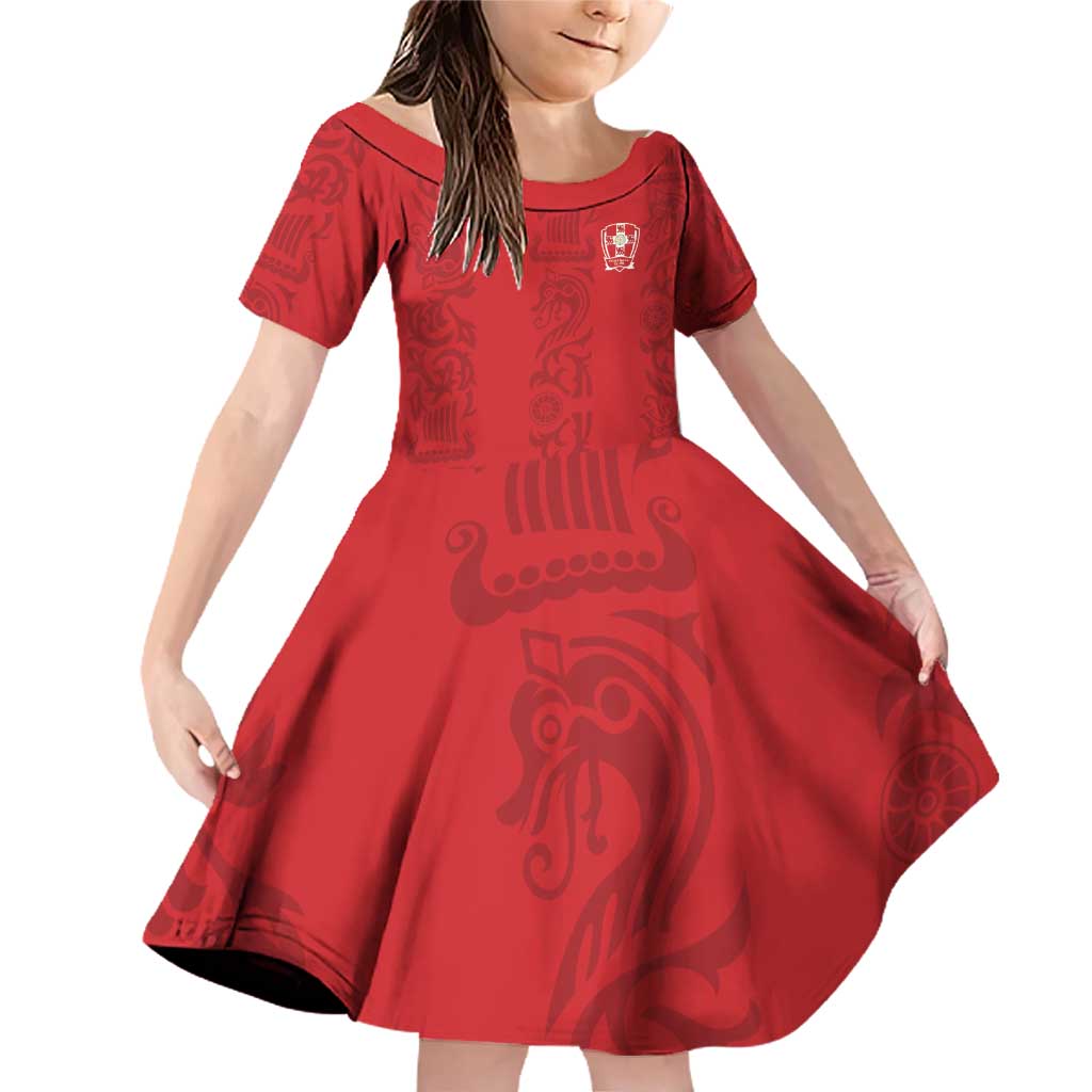 Custom York Minstrel Spirit Family Matching Off Shoulder Short Dress and Hawaiian Shirt Norse Viking Pattern Red Version - Wonder Print Shop