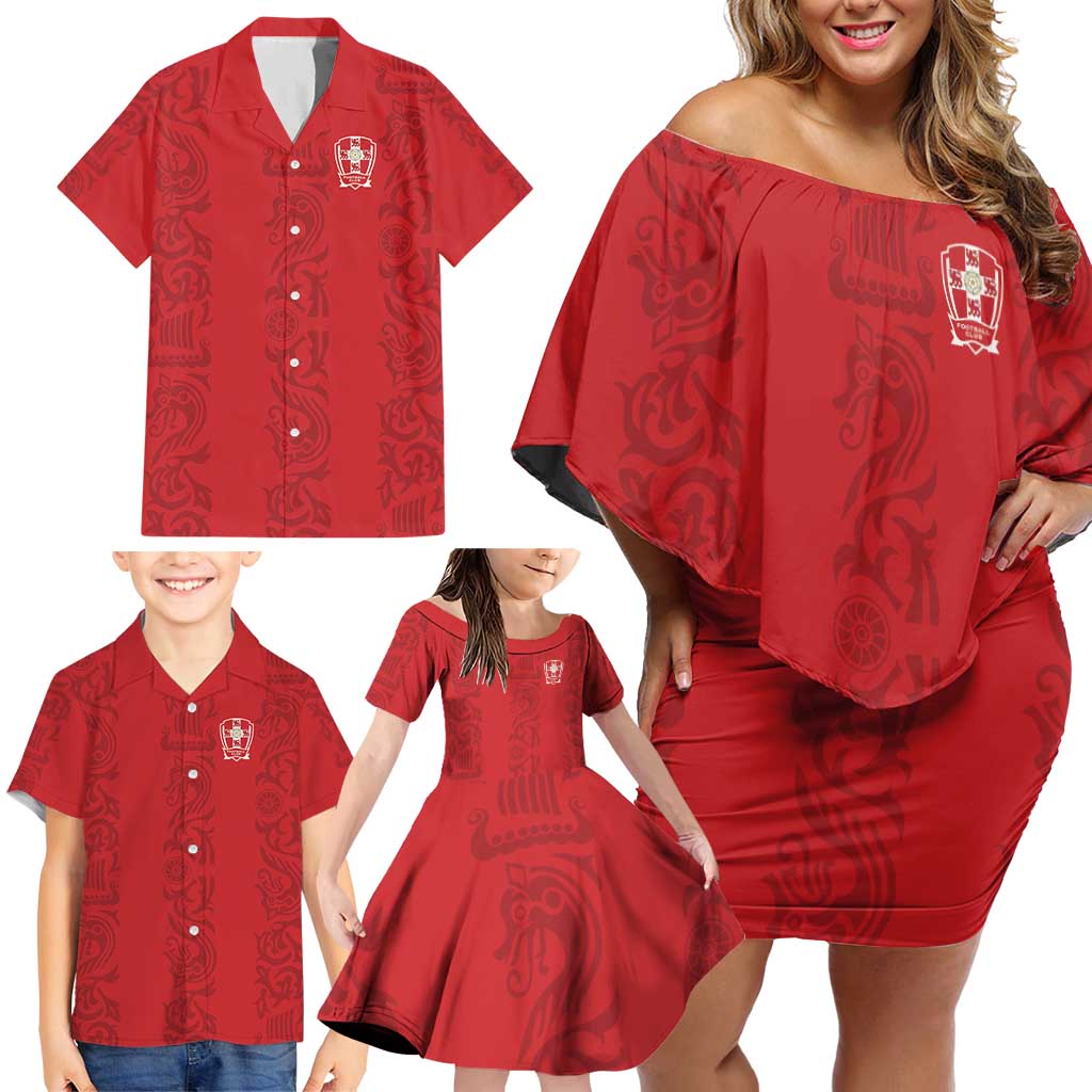 Custom York Minstrel Spirit Family Matching Off Shoulder Short Dress and Hawaiian Shirt Norse Viking Pattern Red Version - Wonder Print Shop