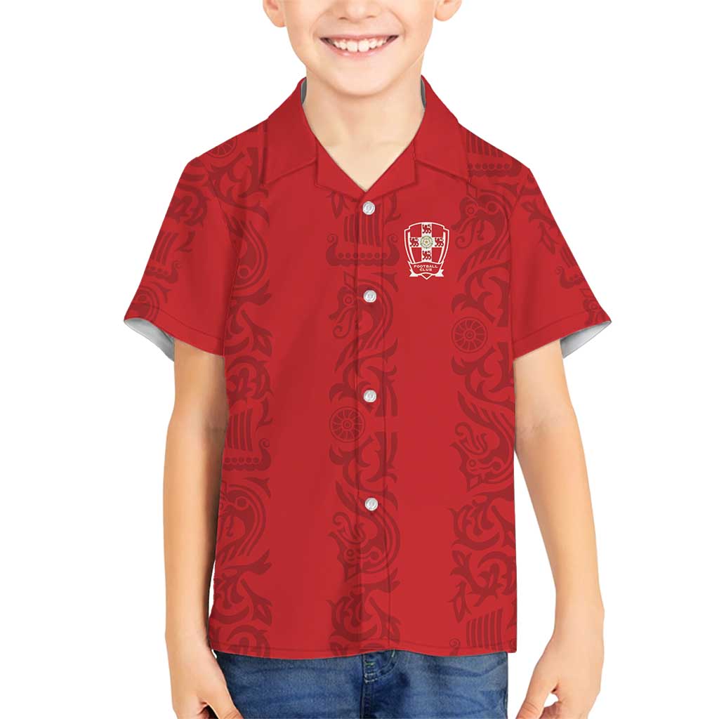 Custom York Minstrel Spirit Family Matching Off Shoulder Short Dress and Hawaiian Shirt Norse Viking Pattern Red Version - Wonder Print Shop