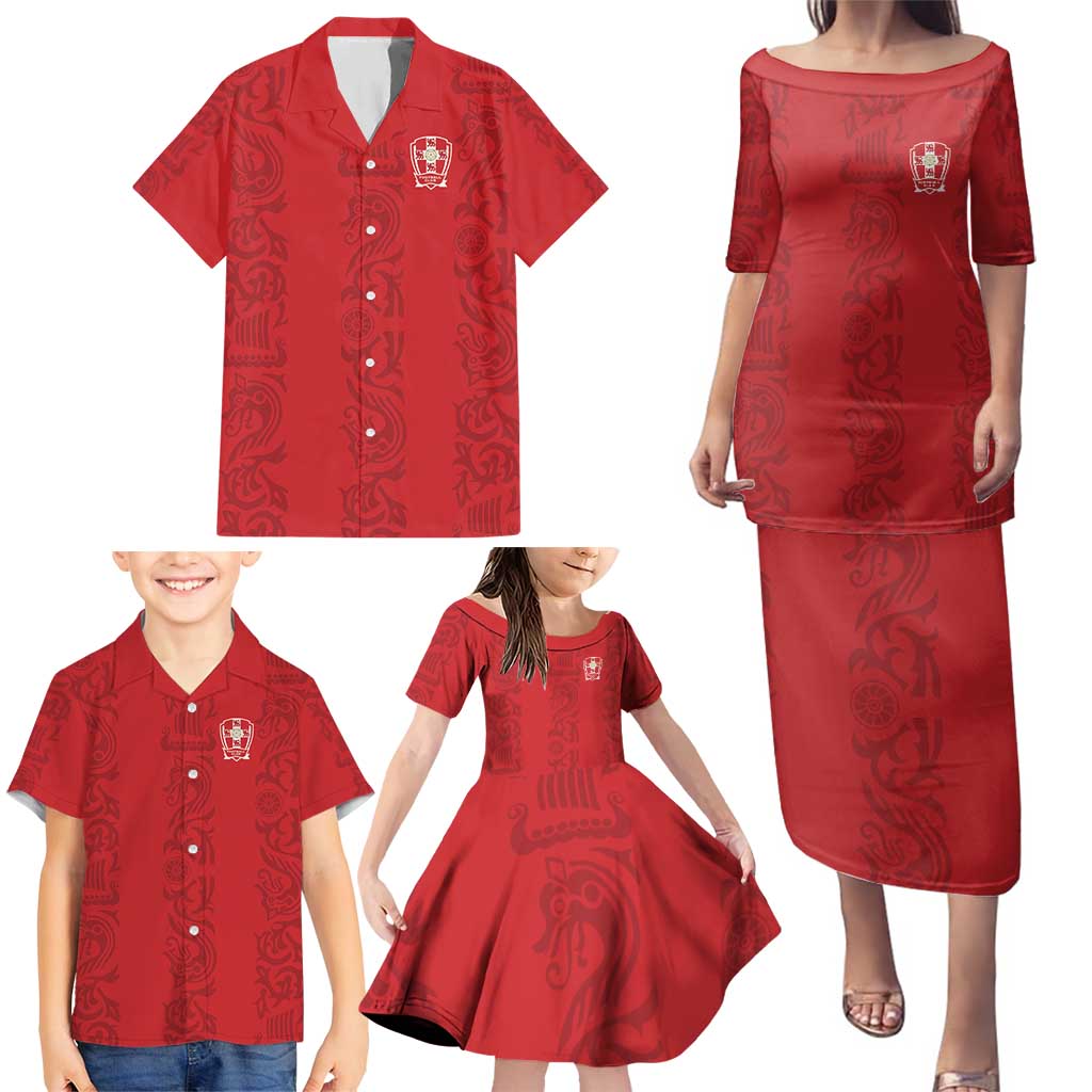 Custom York Minstrel Spirit Family Matching Puletasi and Hawaiian Shirt Norse Viking Pattern Red Version - Wonder Print Shop