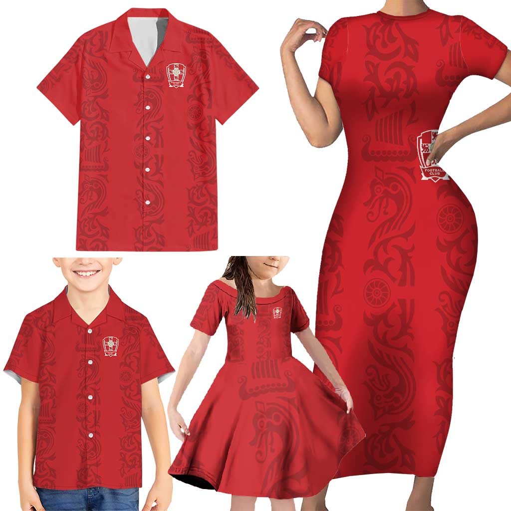 Custom York Minstrel Spirit Family Matching Short Sleeve Bodycon Dress and Hawaiian Shirt Norse Viking Pattern Red Version - Wonder Print Shop