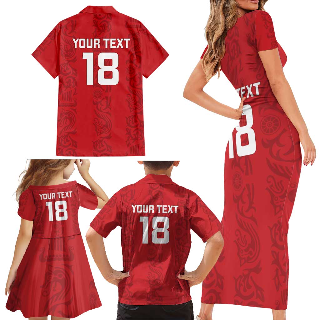 Custom York Minstrel Spirit Family Matching Short Sleeve Bodycon Dress and Hawaiian Shirt Norse Viking Pattern Red Version - Wonder Print Shop