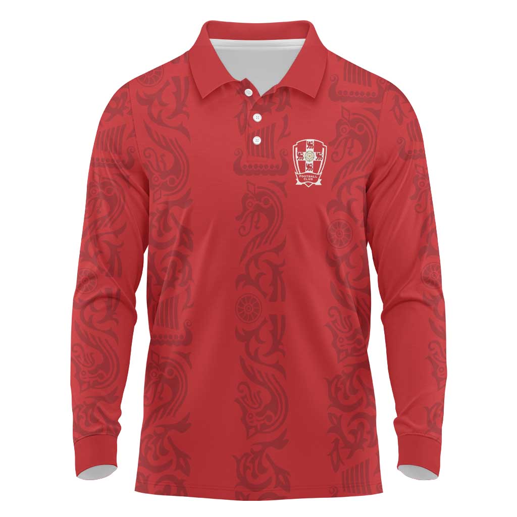 Custom York Minstrel Spirit Long Sleeve Polo Shirt Norse Viking Pattern Red Version - Wonder Print Shop