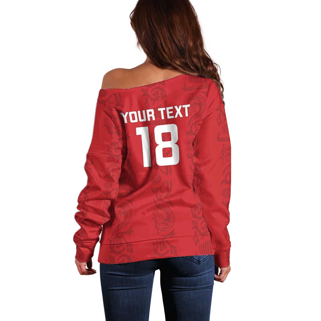Custom York Minstrel Spirit Off Shoulder Sweater Norse Viking Pattern Red Version - Wonder Print Shop
