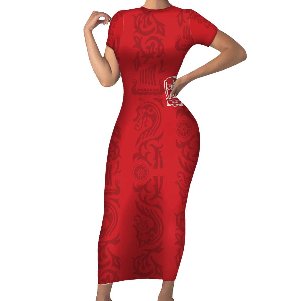 Custom York Minstrel Spirit Short Sleeve Bodycon Dress Norse Viking Pattern Red Version - Wonder Print Shop