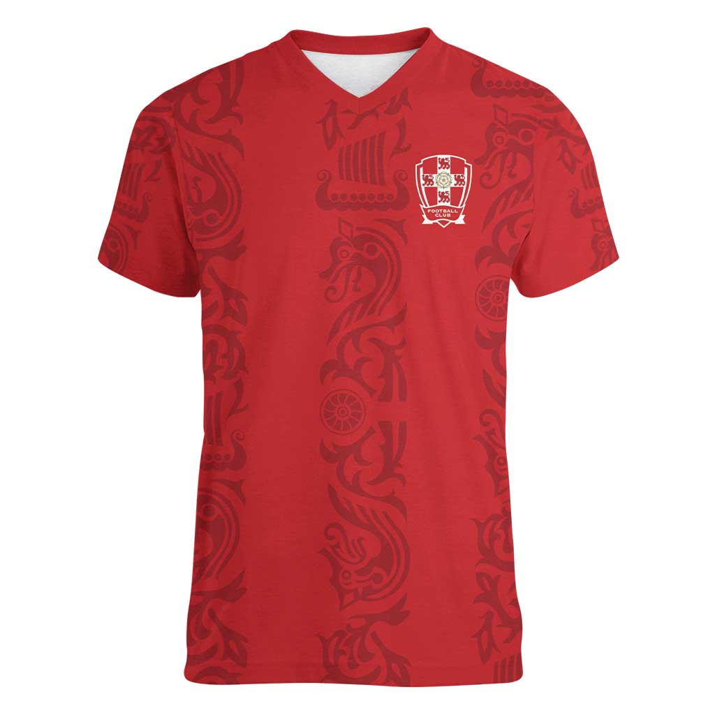 Custom York Minstrel Spirit Women V-Neck T-Shirt Norse Viking Pattern Red Version - Wonder Print Shop
