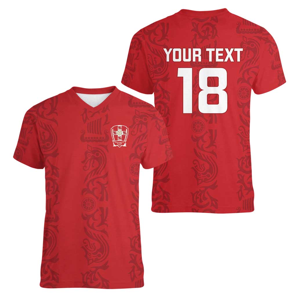 Custom York Minstrel Spirit Women V-Neck T-Shirt Norse Viking Pattern Red Version - Wonder Print Shop