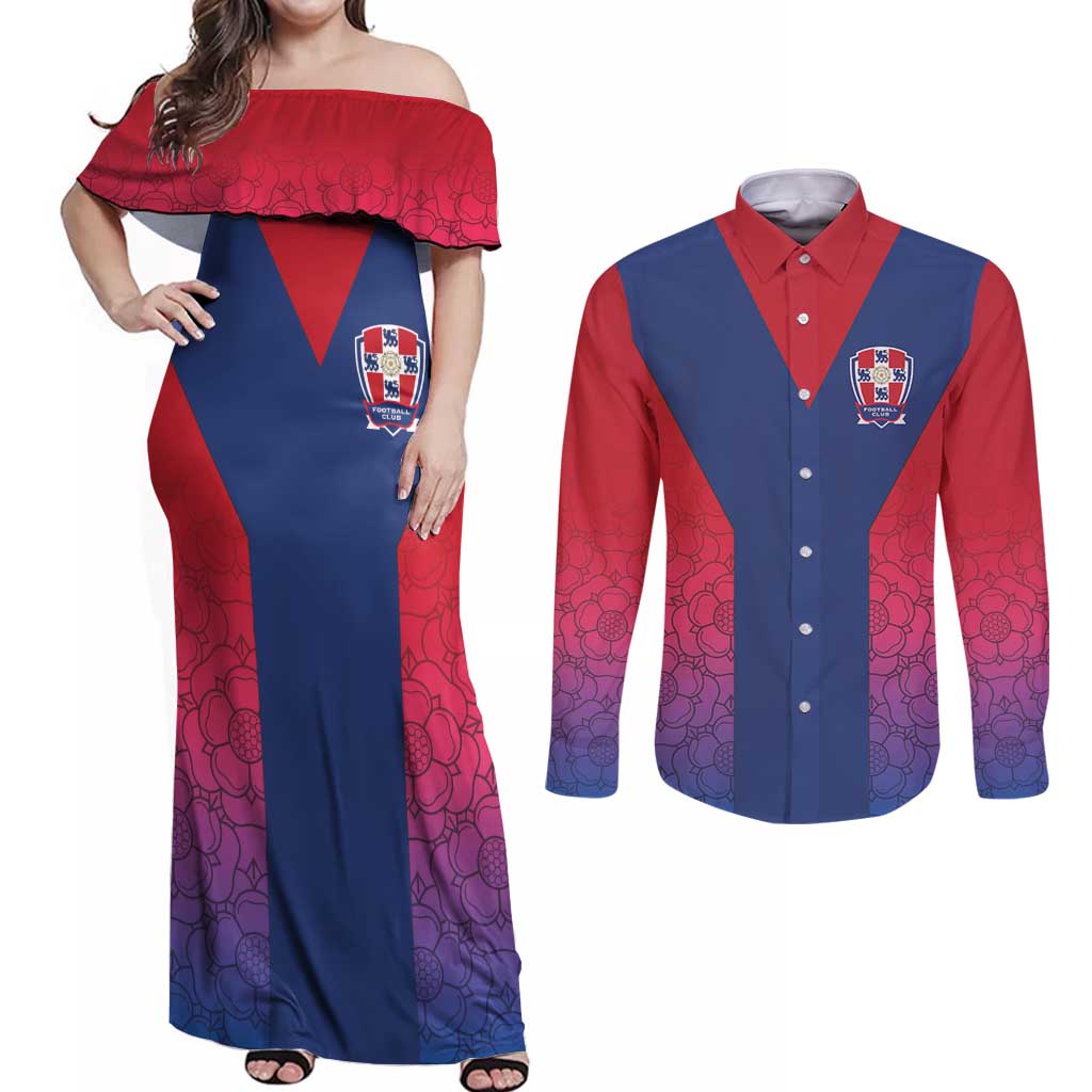 Custom York Heritage Minstrel Couples Matching Off Shoulder Maxi Dress and Long Sleeve Button Shirt White Rose of York Patterns - Wonder Print Shop