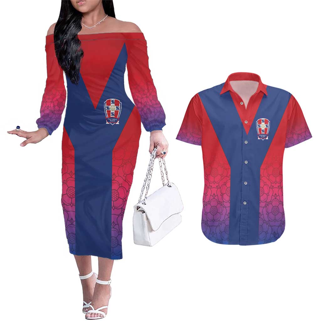 Custom York Heritage Minstrel Couples Matching Off The Shoulder Long Sleeve Dress and Hawaiian Shirt White Rose of York Patterns - Wonder Print Shop
