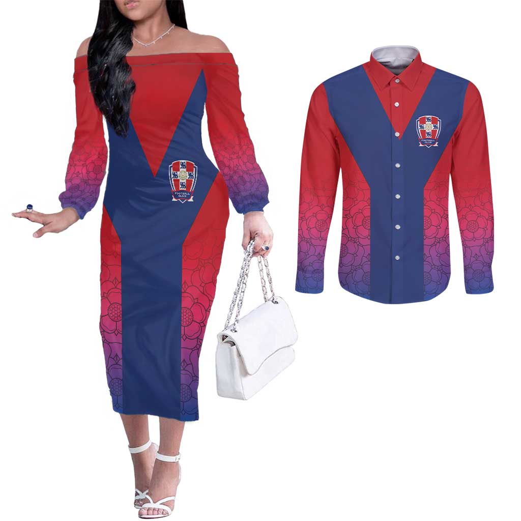Custom York Heritage Minstrel Couples Matching Off The Shoulder Long Sleeve Dress and Long Sleeve Button Shirt White Rose of York Patterns - Wonder Print Shop