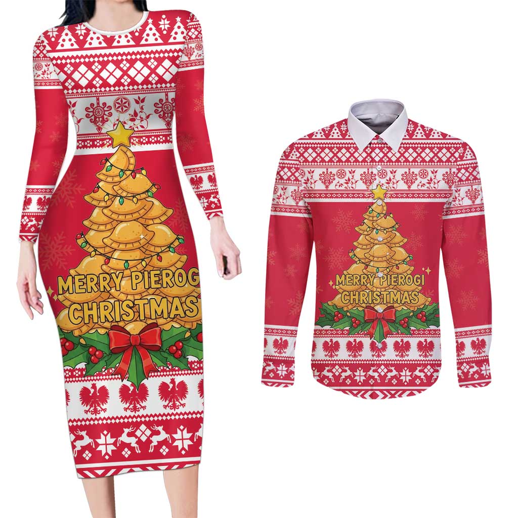 Poland Christmas Couples Matching Long Sleeve Bodycon Dress and Long Sleeve Button Shirt Oh Pierogi Tree - Wonder Print Shop