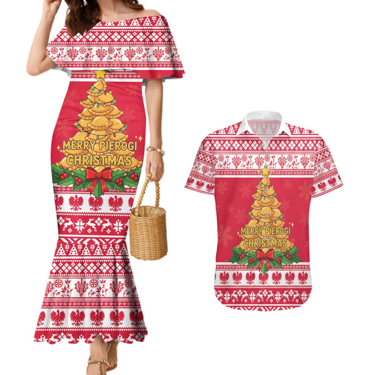 Poland Christmas Couples Matching Mermaid Dress and Hawaiian Shirt Oh Pierogi Tree - Wonder Print Shop