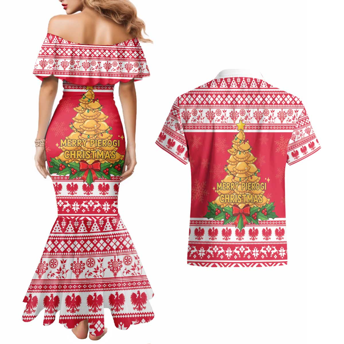 Poland Christmas Couples Matching Mermaid Dress and Hawaiian Shirt Oh Pierogi Tree - Wonder Print Shop