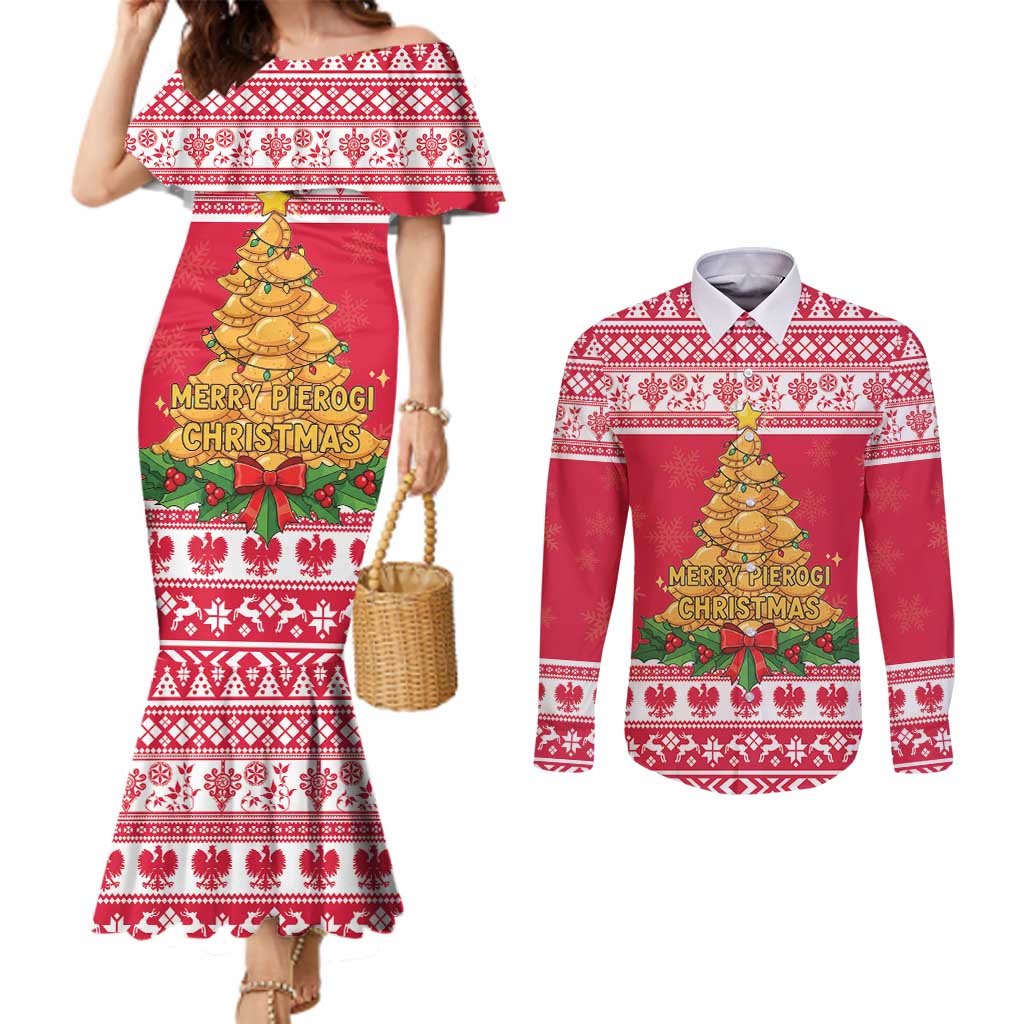 Poland Christmas Couples Matching Mermaid Dress and Long Sleeve Button Shirt Oh Pierogi Tree - Wonder Print Shop
