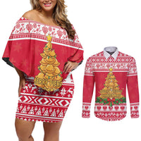 Poland Christmas Couples Matching Off Shoulder Short Dress and Long Sleeve Button Shirt Oh Pierogi Tree - Wonder Print Shop