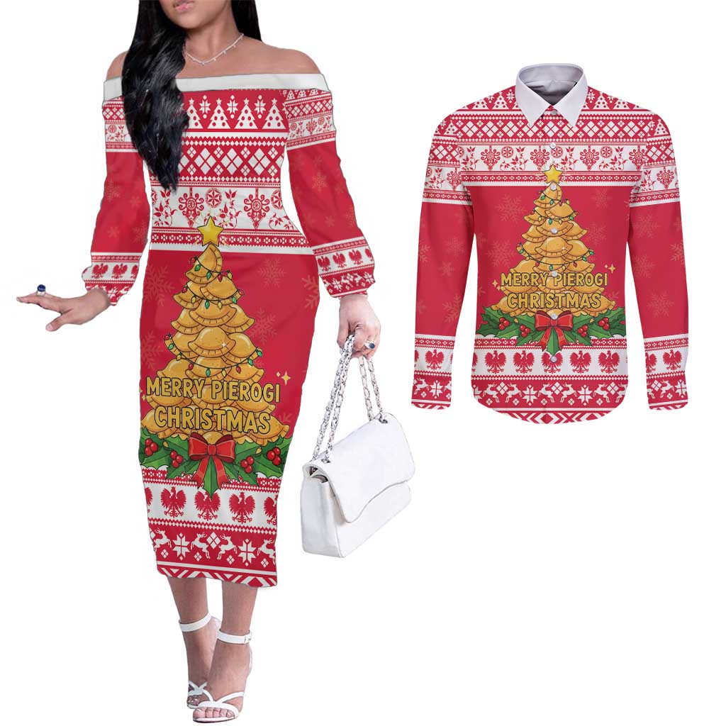 Poland Christmas Couples Matching Off The Shoulder Long Sleeve Dress and Long Sleeve Button Shirt Oh Pierogi Tree - Wonder Print Shop