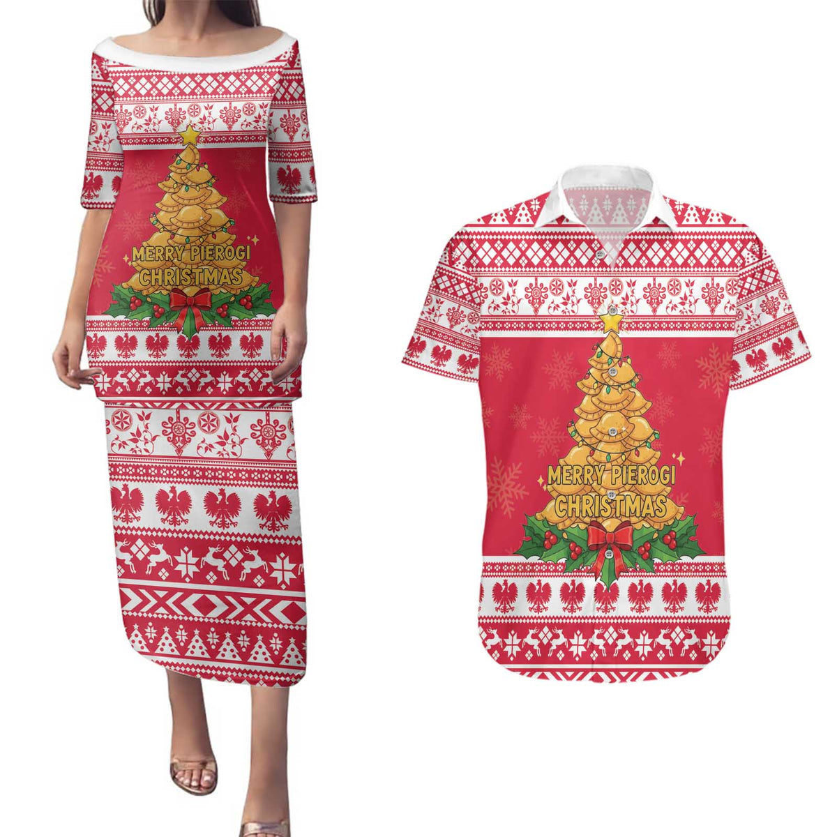 Poland Christmas Couples Matching Puletasi and Hawaiian Shirt Oh Pierogi Tree - Wonder Print Shop
