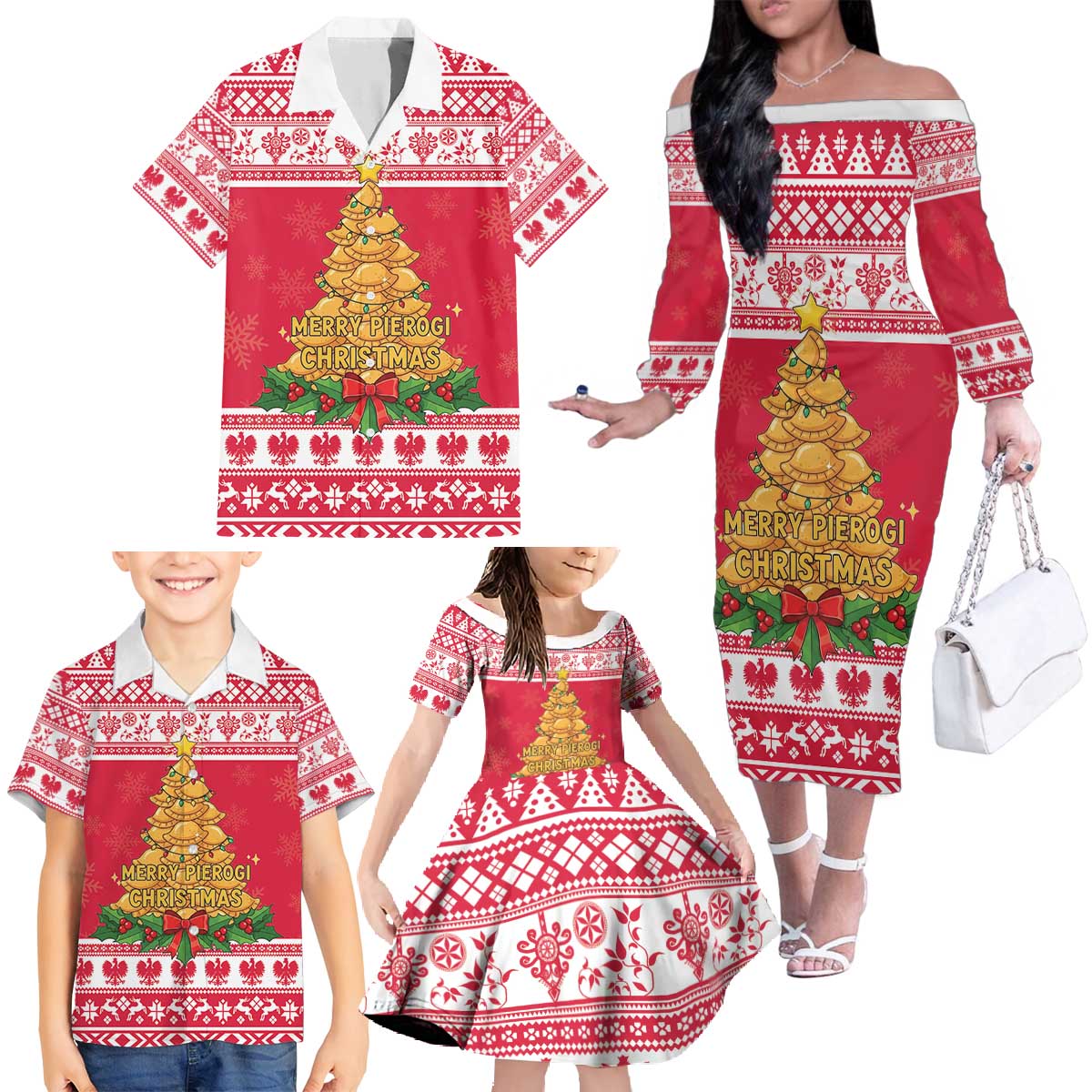 Poland Christmas Family Matching Off The Shoulder Long Sleeve Dress and Hawaiian Shirt Oh Pierogi Tree - Wonder Print Shop