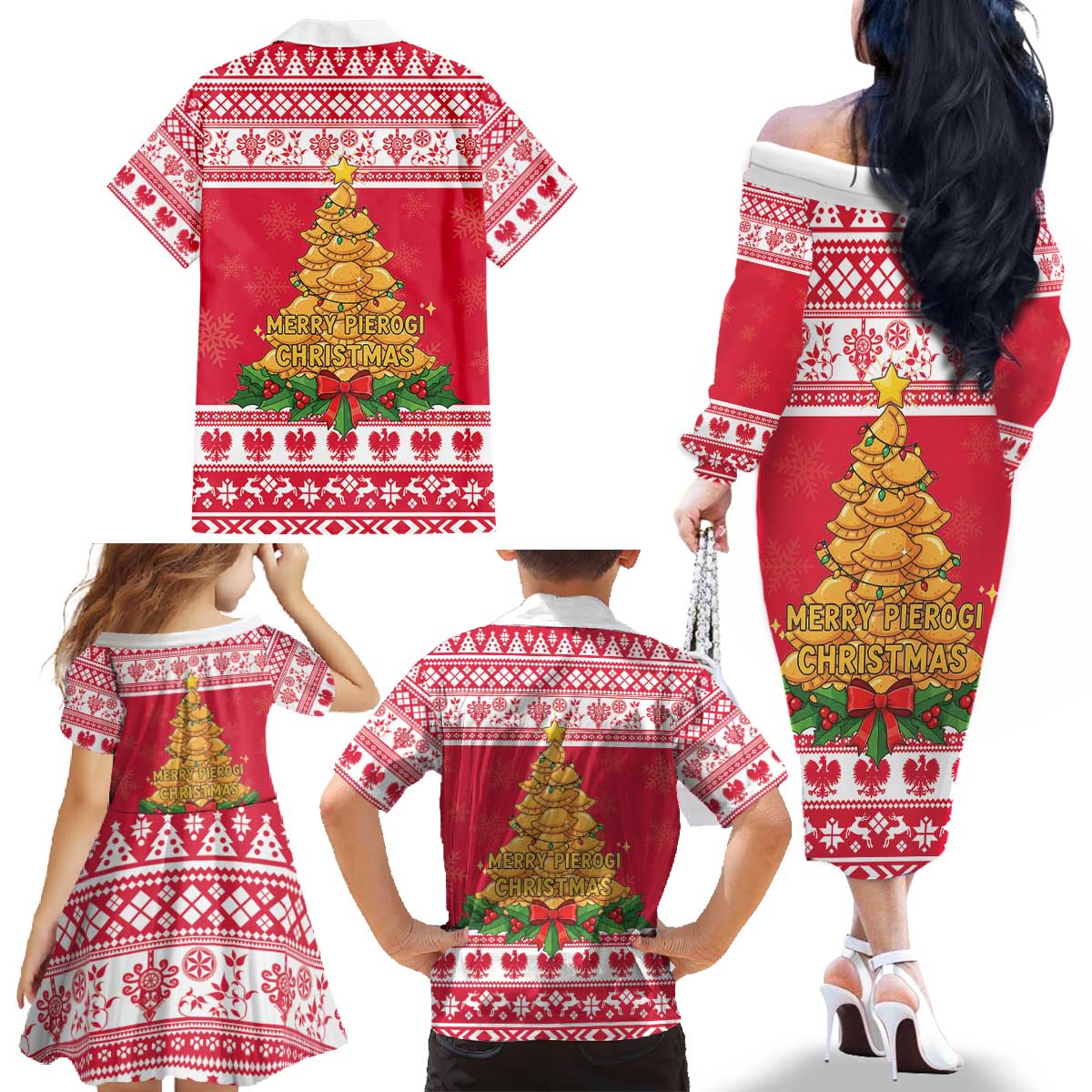 Poland Christmas Family Matching Off The Shoulder Long Sleeve Dress and Hawaiian Shirt Oh Pierogi Tree - Wonder Print Shop