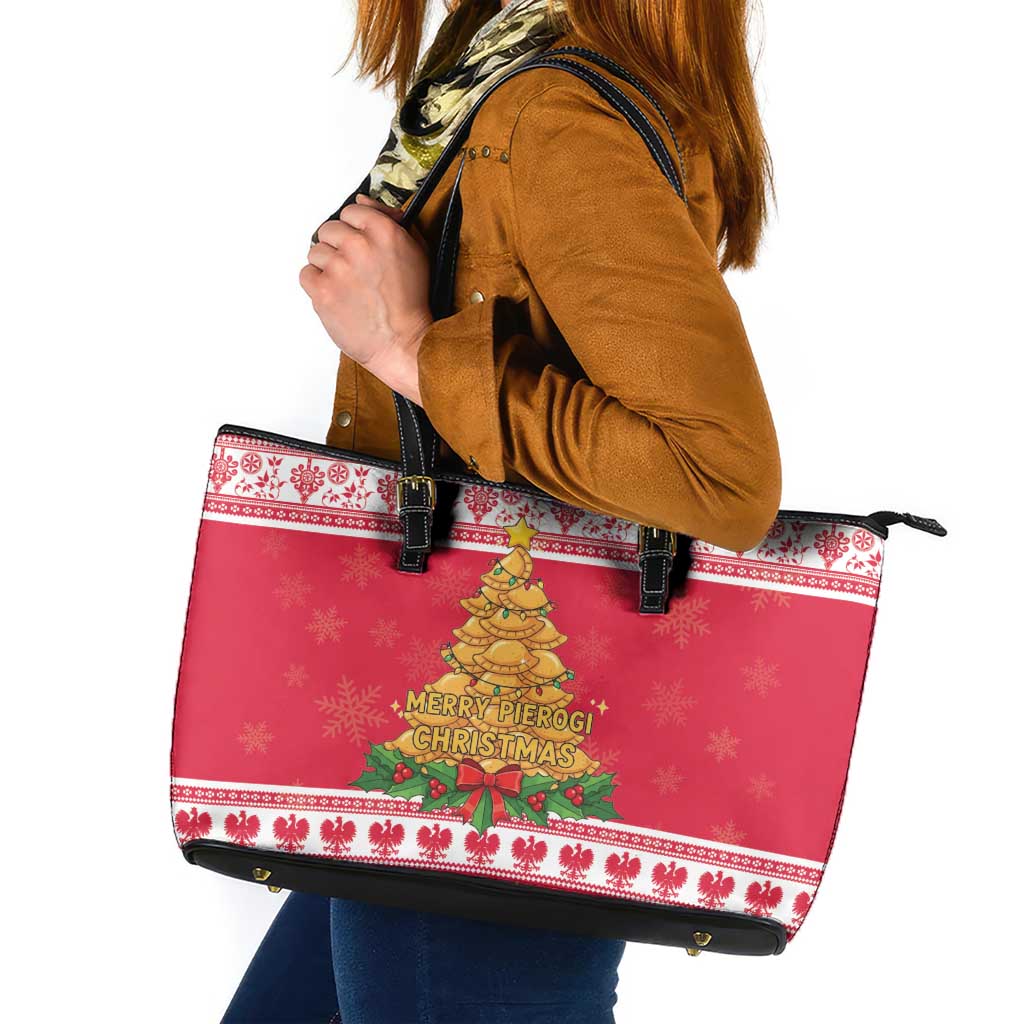 Poland Christmas Leather Tote Bag Oh Pierogi Tree - Wonder Print Shop