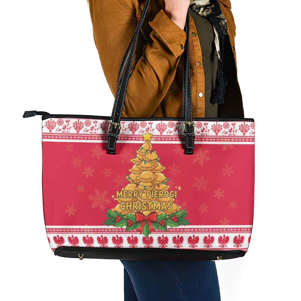 Poland Christmas Leather Tote Bag Oh Pierogi Tree - Wonder Print Shop