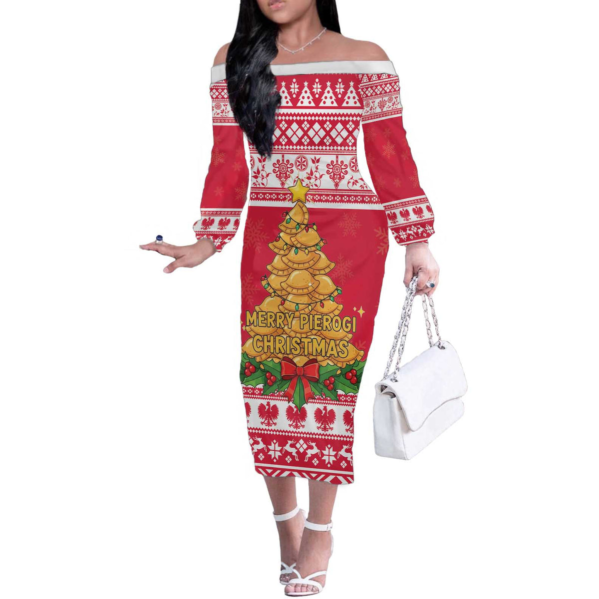 Poland Christmas Off The Shoulder Long Sleeve Dress Oh Pierogi Tree - Wonder Print Shop