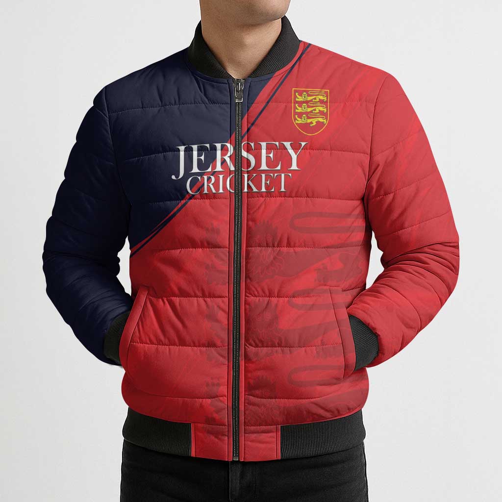 Custom Bailiwick of Jersey Cricket Bomber Puffer Jacket Jer Lions Champion Red Version - Wonder Print Shop